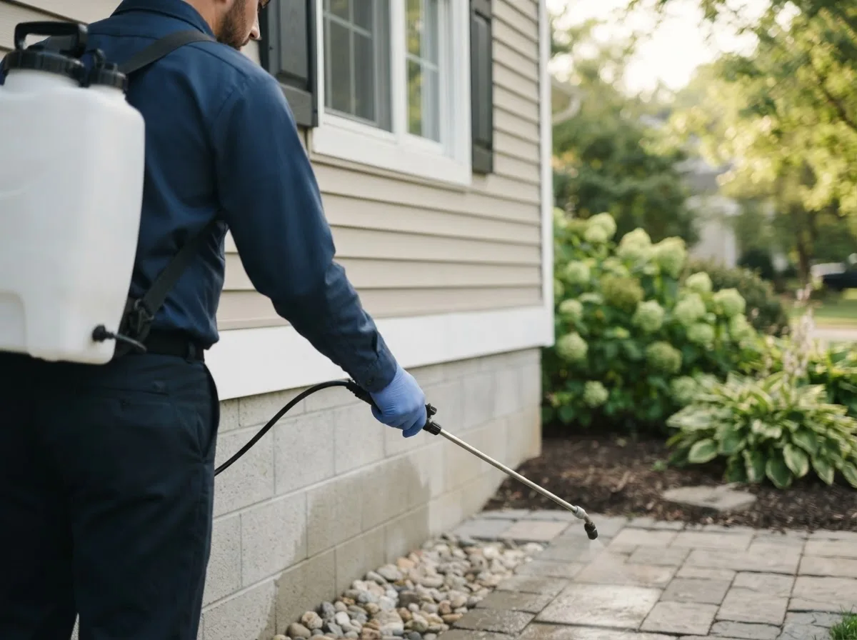Pest control technician inspecting a home in Lusby, MD